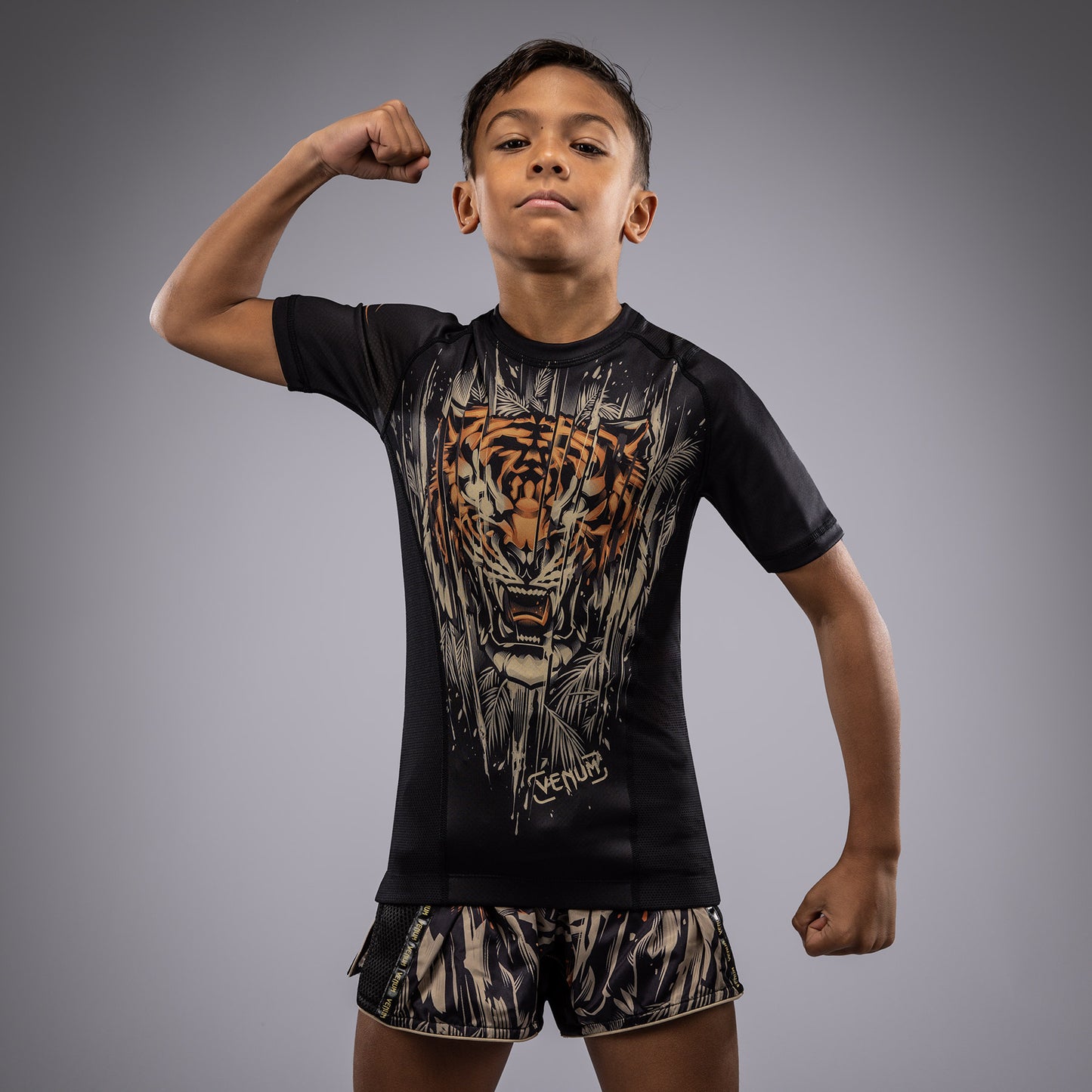 Venum Tiger Kids Short Sleeve Rashguard - Black/Neon Orange
