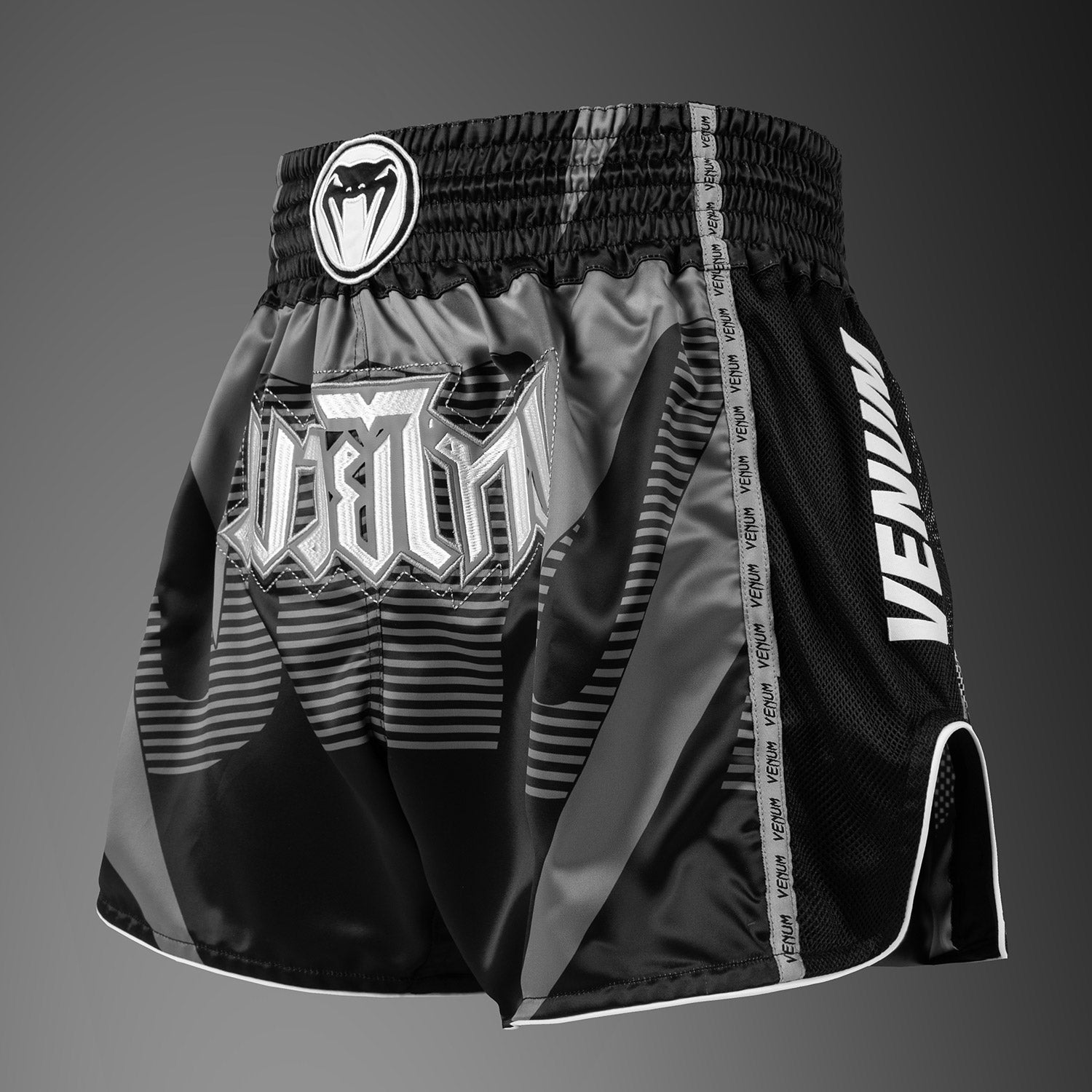 Venum Adrenaline Muay Thai Shorts - Black/Silver Grey  product-type_Muay Thai Shorts Venum