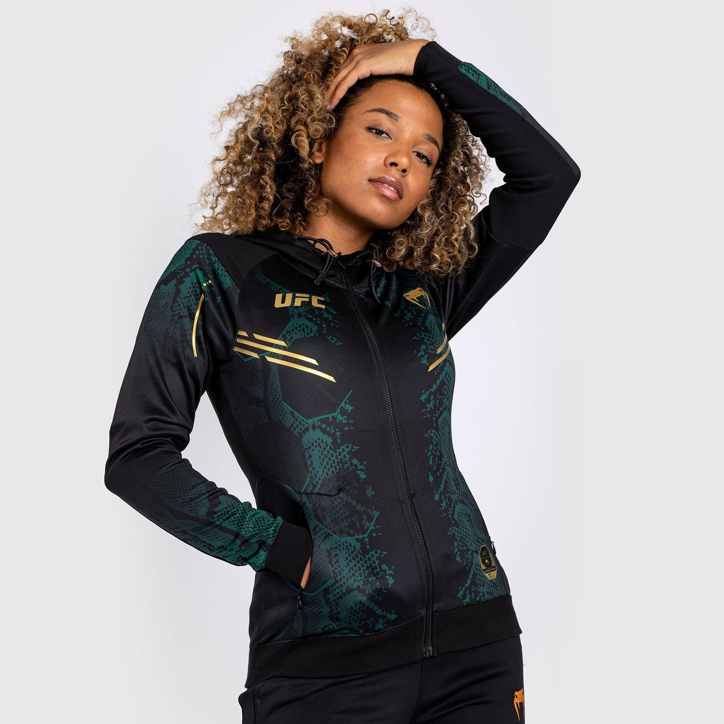 UFC Adrenaline by Venum Personalized Authentic Fight Night Women’s Walkout Hoodie  - Emerald Edition - Green/Black/Gold