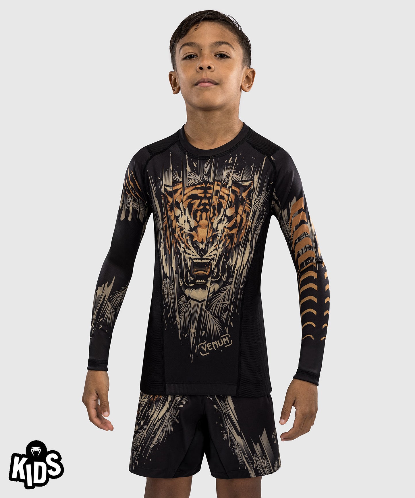 Venum Tiger Kids Long Sleeve Rashguard - Black/Neon Orange