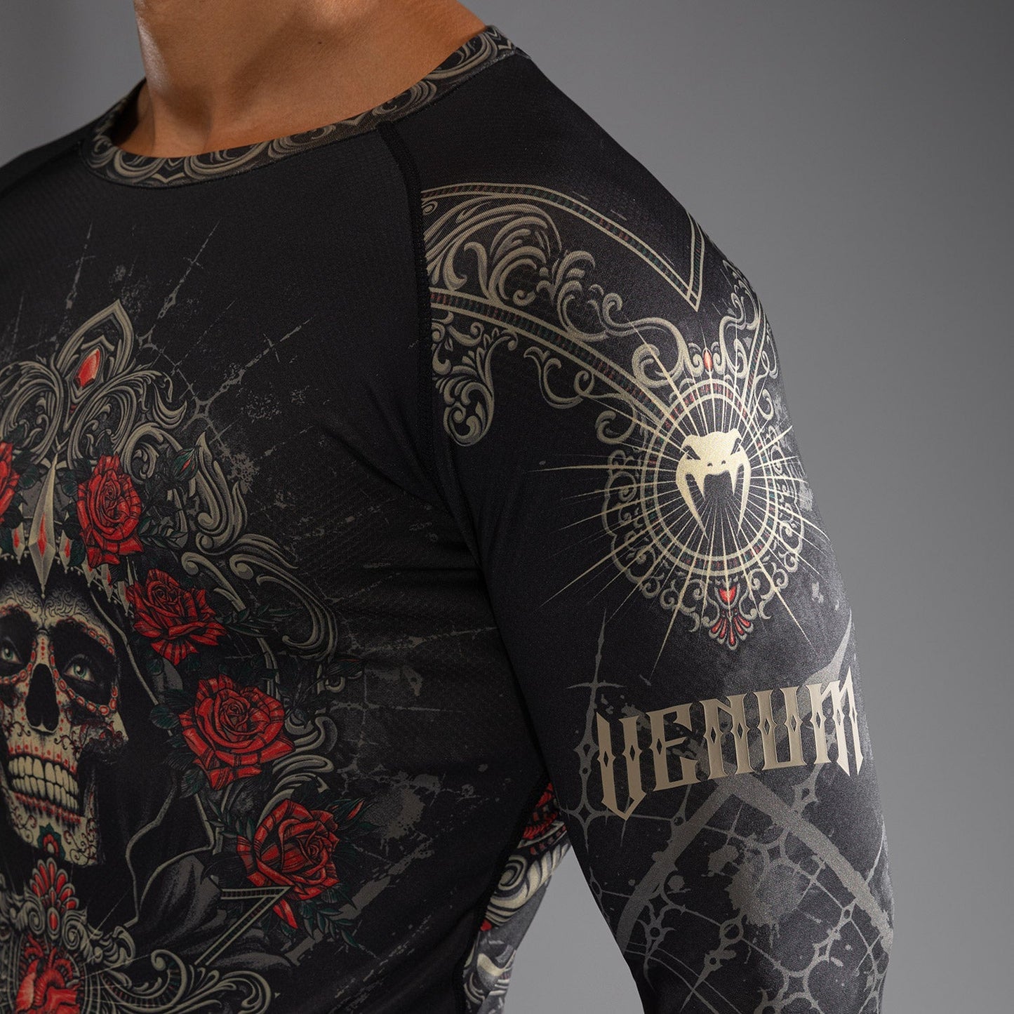 Venum Santa Muerte 5.0 Men’s Long Sleeve Rashguard - Deep Black/Gold