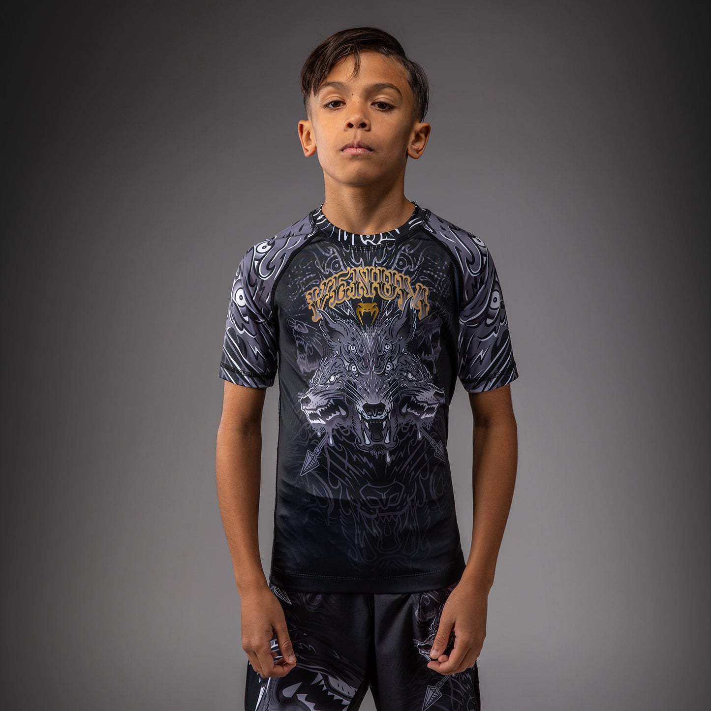 Venum Wolf Atak Kids Short Sleeve Rashguard - Black/Grey