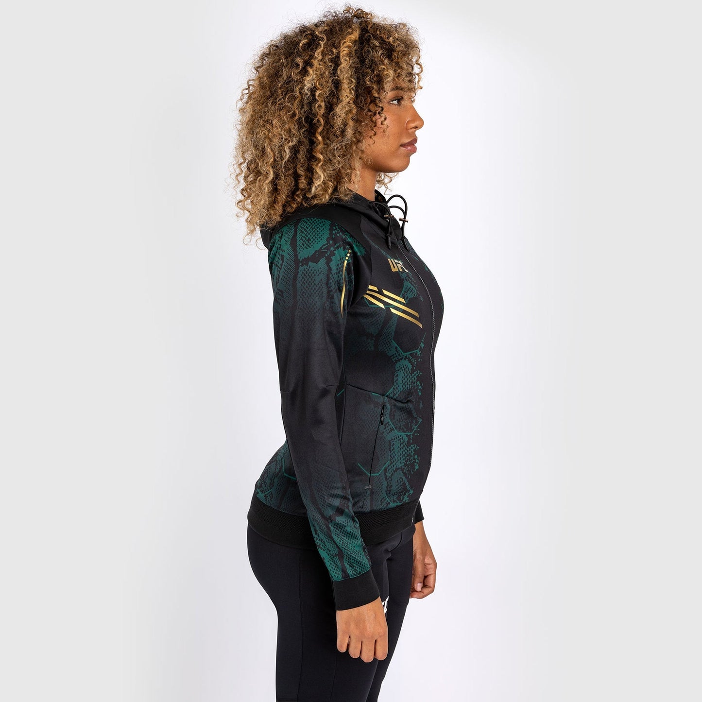 UFC Adrenaline by Venum Personalized Authentic Fight Night Women’s Walkout Hoodie  - Emerald Edition - Green/Black/Gold