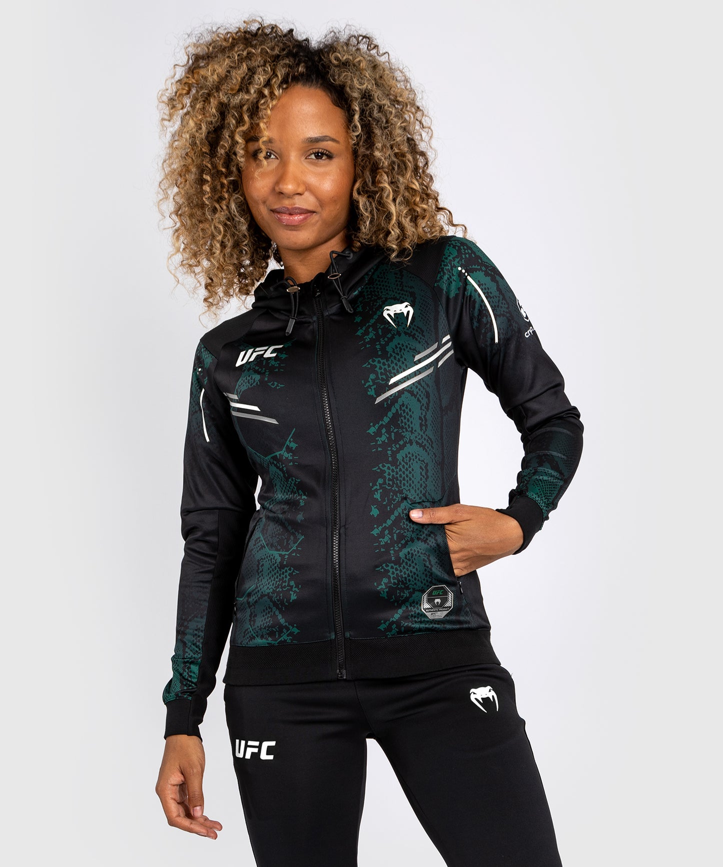 UFC Adrenaline by Venum  Personalized Authentic Fight Night Women’s Walkout Hoodie - Emerald Edition - Green/Black