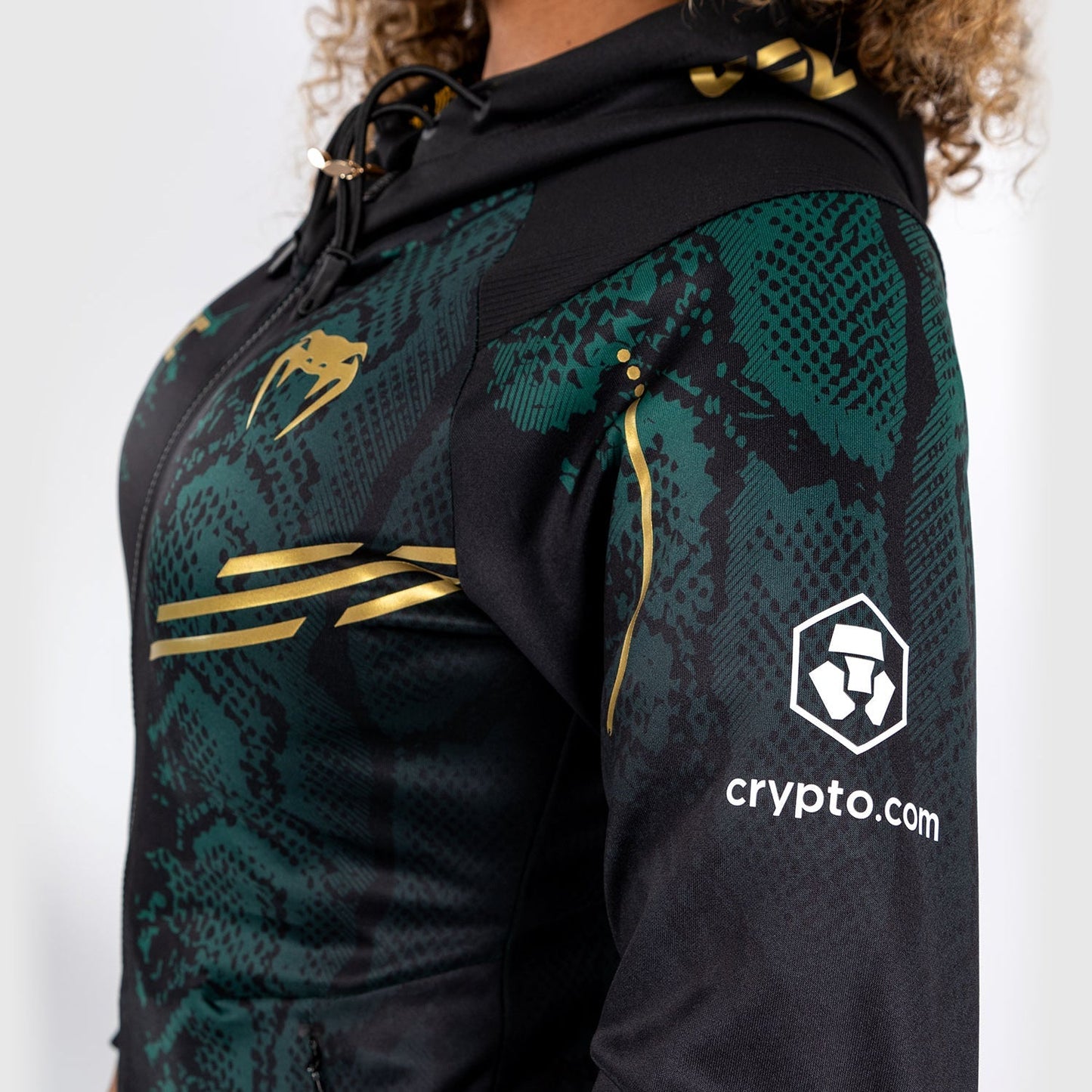 UFC Adrenaline by Venum Personalized Authentic Fight Night Women’s Walkout Hoodie  - Emerald Edition - Green/Black/Gold