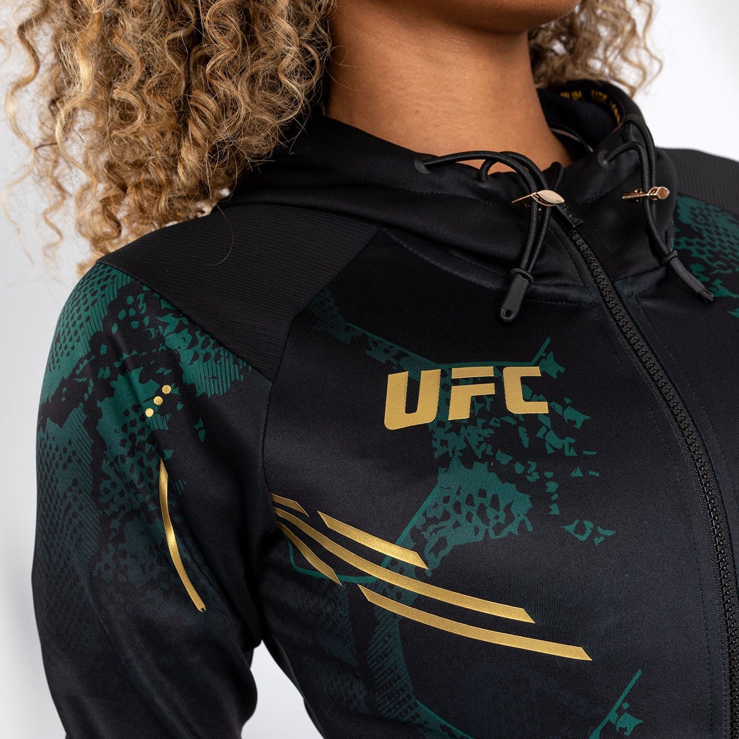 UFC Adrenaline by Venum Personalized Authentic Fight Night Women’s Walkout Hoodie  - Emerald Edition - Green/Black/Gold
