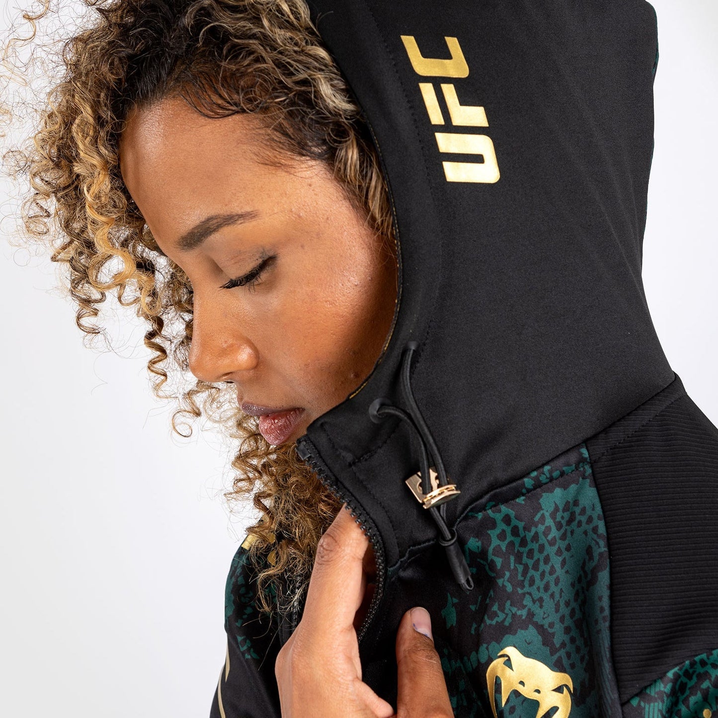UFC Adrenaline by Venum Personalized Authentic Fight Night Women’s Walkout Hoodie  - Emerald Edition - Green/Black/Gold