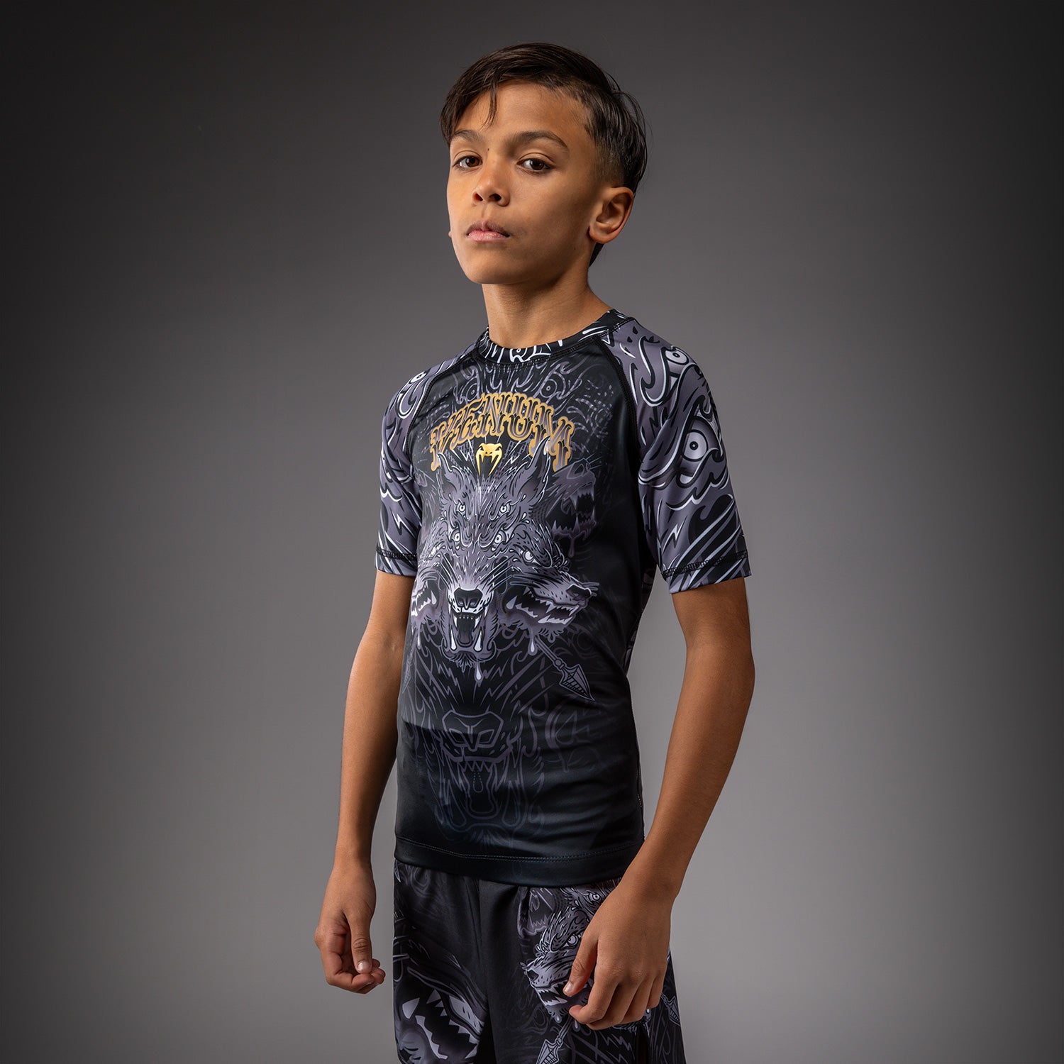 Venum Wolf Atak Kids Short Sleeve Rashguard - Black/Grey - Venum