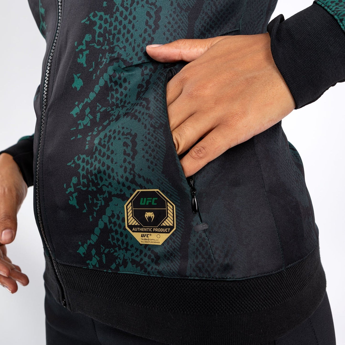 UFC Adrenaline by Venum Personalized Authentic Fight Night Women’s Walkout Hoodie  - Emerald Edition - Green/Black/Gold