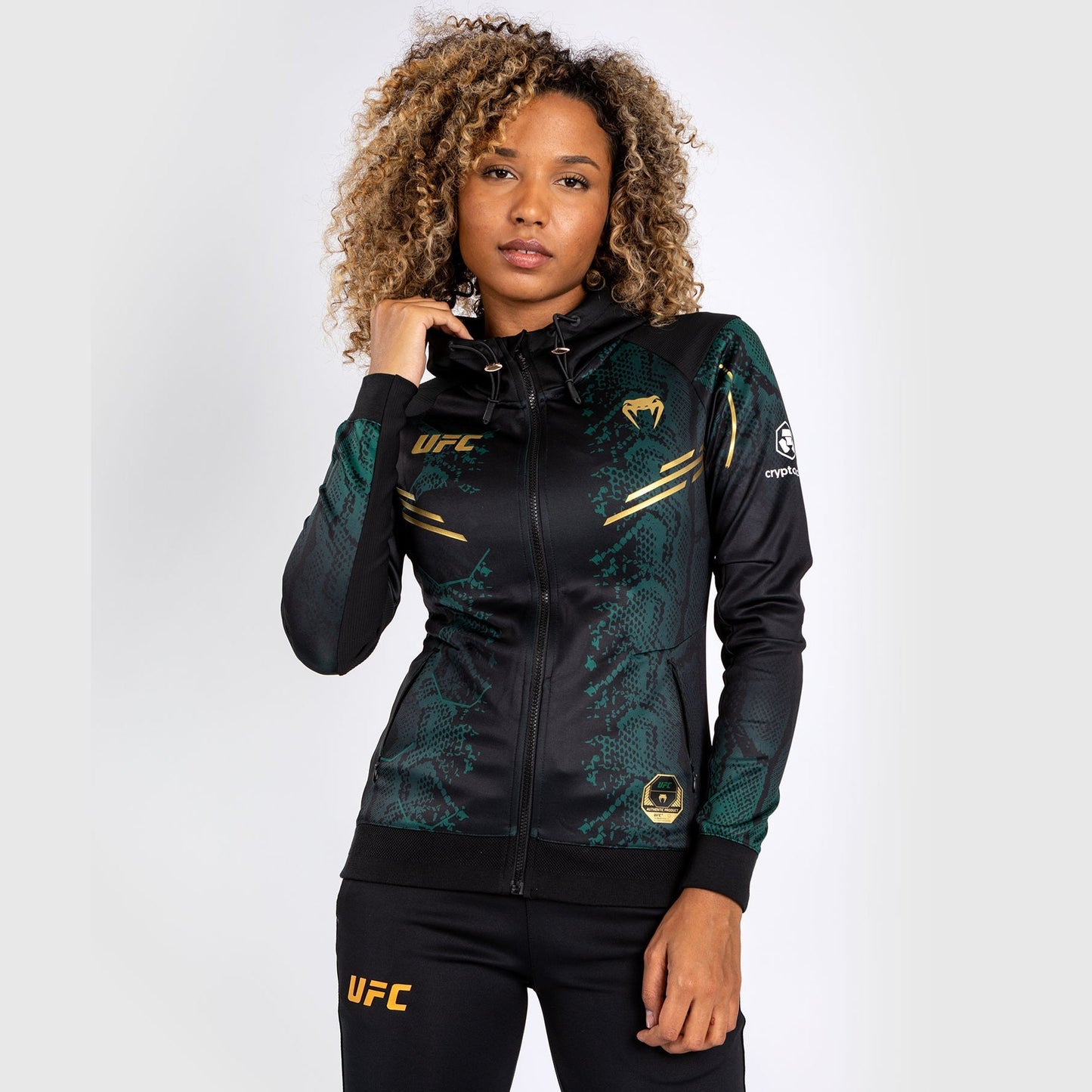 UFC Adrenaline by Venum Personalized Authentic Fight Night Women’s Walkout Hoodie  - Emerald Edition - Green/Black/Gold