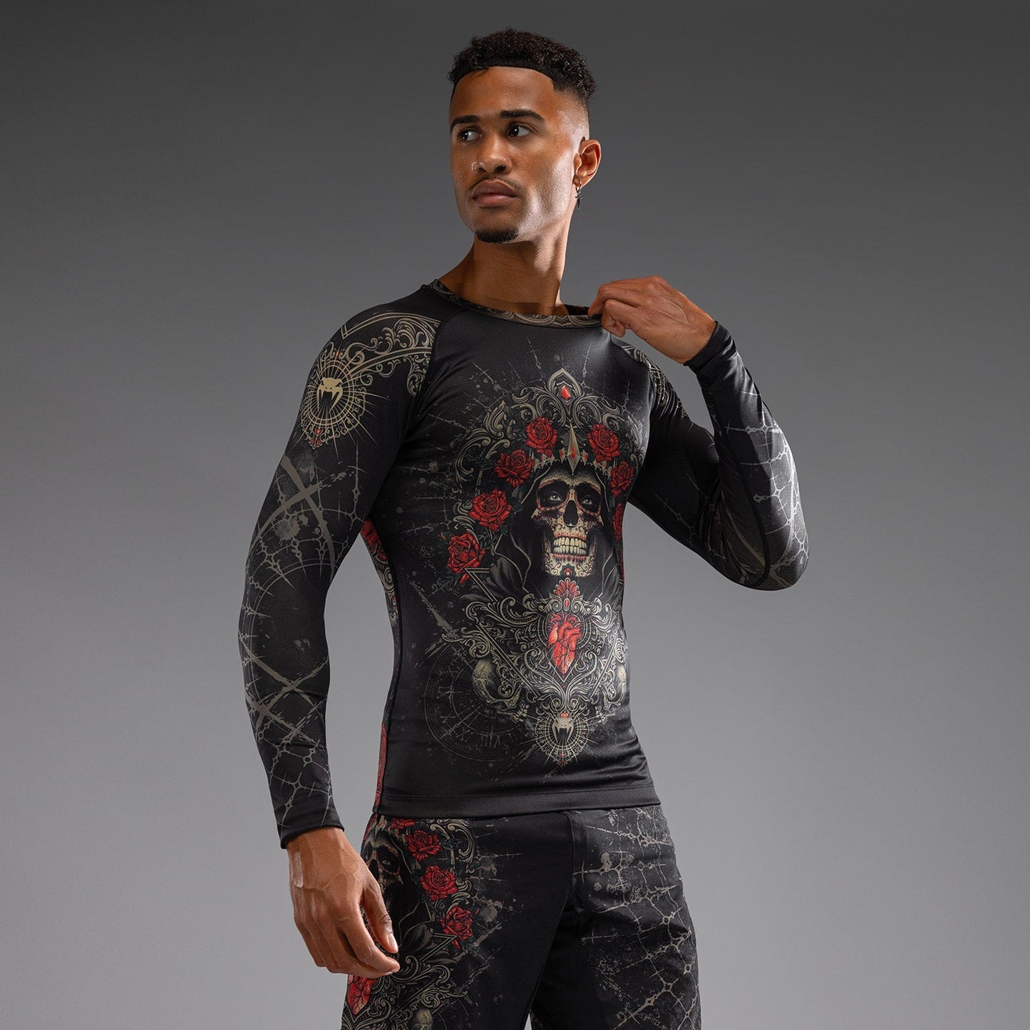 Venum Santa Muerte 5.0 Men’s Long Sleeve Rashguard - Deep Black/Gold
