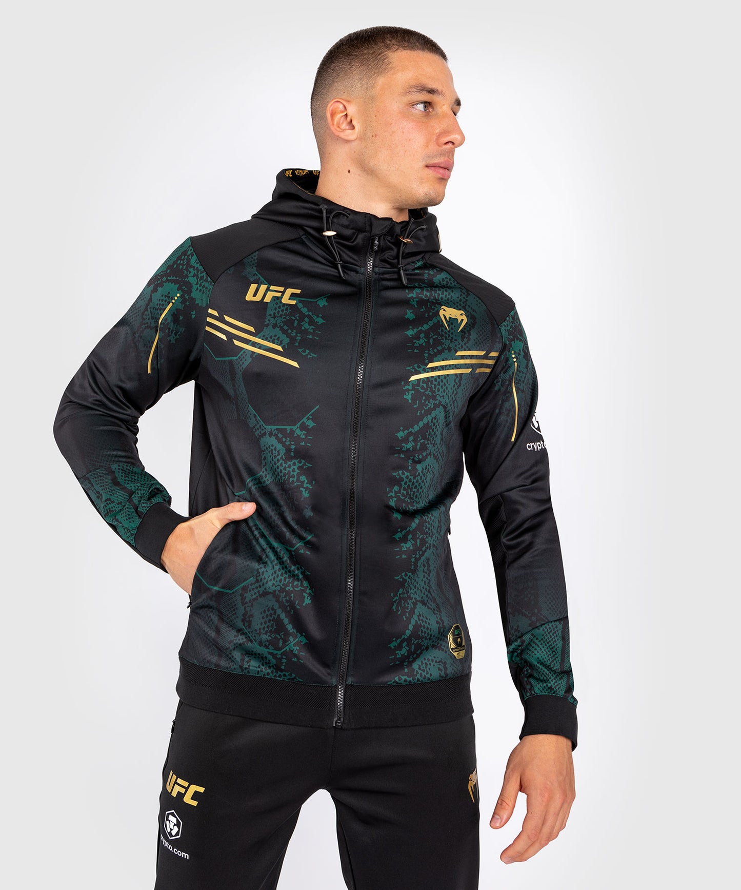 UFC Adrenaline by Venum Authentic Fight Night Men’s Walkout Hoodie - Emerald Edition - Green/Black/Gold